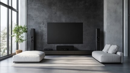 Wall Mural - modern home theater setup featuring black speakers and sleek media console, showcasing a stylish interior design concept