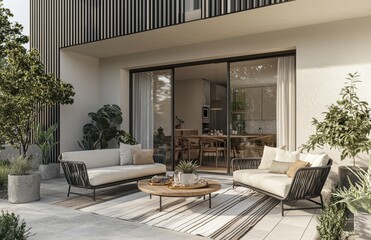 Wall Mural - Stunning terrace with wood walls, an outdoor table and sofa, and a large window. The space is cozy and there is an abundance of plants and flowers.