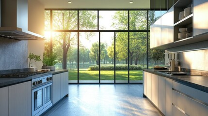 A modern kitchen featuring aluminum-framed windows with large glass panes, providing natural light and a scenic view of the outdoors.