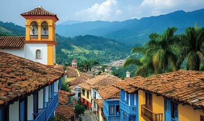 Vibrant Colombian Village, colorful colonial buildings with terracotta roofs nestled in lush green mountains under a bright blue sky creating a picturesque landscape.