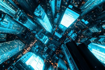 Aerial Cityscape, vibrant blue hues illuminate towering skyscrapers, showcasing a dynamic urban landscape filled with shimmering lights and intricate design patterns.