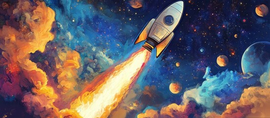 Wall Mural - rocket launching through the cosmos mixed media artwork