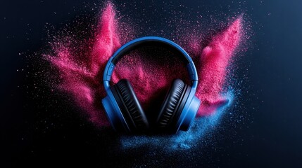 An energetic and vivid image of blue headphones accompanied by a dual explosion of red and blue powder, creating an arresting visual presentation.