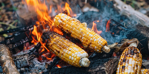 Grilled corn on the cob roasting over an open fire with flames and smoke, creating a rustic and flavorful outdoor cooking experience