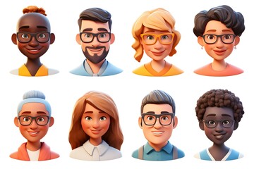 A collection of 3D avatars featuring portraits of young people from various backgrounds on a white background, perfect for character creation in computer games with diverse options.