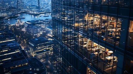 Wall Mural - Night View of a Modern City Skyline with a Lit Office Building