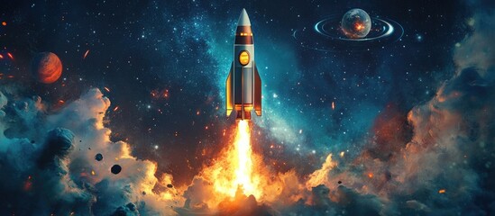 Wall Mural - rocket in outer space mixed media illustration