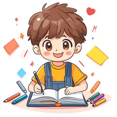 Poster - Cute Cartoon Boy Writing in a Notebook with a Happy Expression.