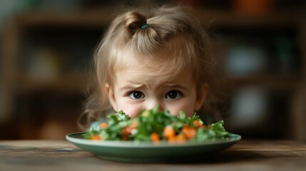 A young child with a curious expression peers over a plate filled with vibrant salad, capturing a moment of innocence and curiosity in a home setting.