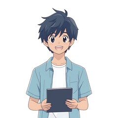 Sticker - Smiling Anime Boy Holding a Notebook.