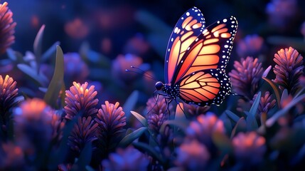 A vibrant monarch butterfly with black and orange wings perched atop a cluster of pink flowers in a field.