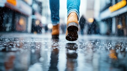 Close-up shot of a pair of boots walking on a wet, reflective street on a rainy day capturing the beauty of the interplay between pavement and reflections of city lights.