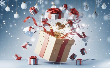 Generative-AI, Boxing Day Gift Box Explosion with Festive Sparkles and Ribbons