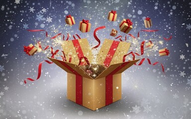 Generative-AI, Boxing Day Gift Box Explosion with Festive Sparkles and Ribbons