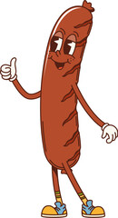 Poster - Sausage retro groovy barbeque character. Isolated cartoon vector playful and cheerful grilled sausage bbq food personage in hippie y2k style, with smiling face, wearing sneakers and giving a thumbs-up