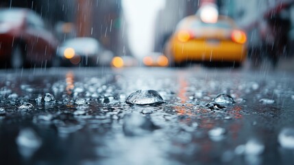 Rain splashes on the pavement with a blurred city background, emphasizing the raw beauty of a rainy day. It conveys a sense of motion and urban life under inclement weather.