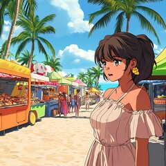 Sticker - Anime Girl Enjoying a Tropical Beach Market.