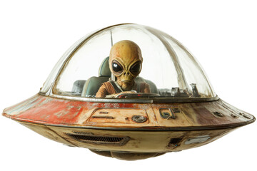 Wall Mural - Green alien inside spaceship in shape of flying saucer isolated on white background. Alien piloting UFO. Extraterrestrial life and interstellar travel