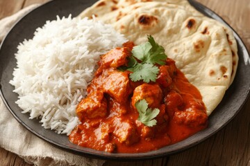 Wall Mural - Delicious Indian Butter Chicken with Rice and Naan