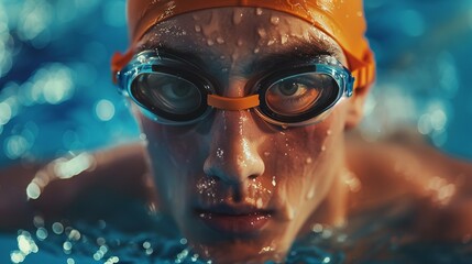 A swimmer in a cap and water goggles