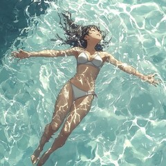 Wall Mural - Woman floating in crystal clear water.