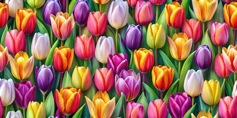 Colorful Tulip Bouquet, Digital Painting, Close-up, Spring Flowers, tulip, flowers, bloom