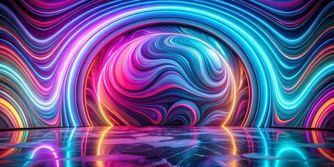 Wall Mural - Neon Glow Abstract Background with Marble Floor, Abstract, Neon, 3D