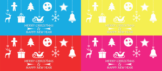 Collection of  Christmas toys and new year greeting ornaments with hanging balls. Vector illustration isolated on four different  backgrounds.