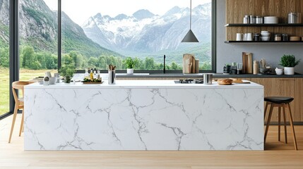 Wall Mural - Modern, Minimalist Kitchen Design Featuring White Marble Island and Breathtaking Mountain Views