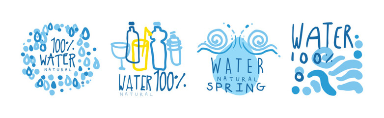 Wall Mural - Natural Water and Blue Liquid Label and Sticker Design Vector Set