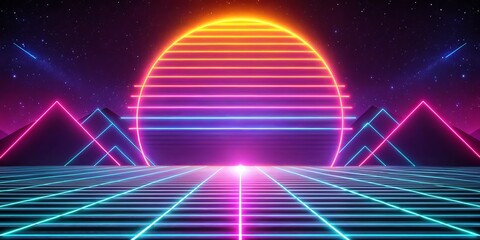 Retro Neon Sunset, 3D Render, Neon Lights, Retro Future, 80s Aesthetic, Synthwave, Cyberpunk