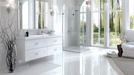 Wall Mural - Modern White Bathroom with Shower and Large Windows