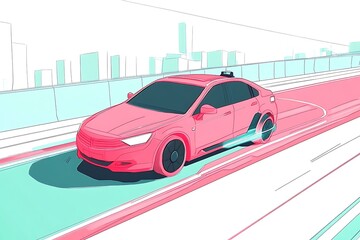 Canvas Print - Pink Car Driving on a Highway with a City Skyline in the Background.