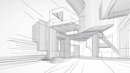 Line art illustration depicting an abstract structure featuring a three dimensional architectural design