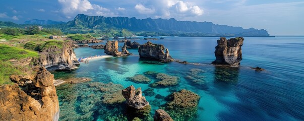 The serene Xiao Liuqiu Island, with coral formations, snorkeling spots, and tourists exploring the island on scooters