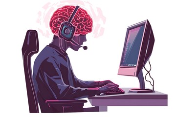 Person with a glowing brain using a computer.