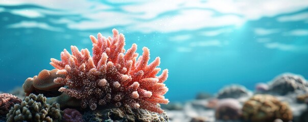 Vibrant coral reef under clear ocean water, showcasing colorful marine life and natural beauty in a serene underwater environment.