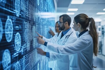 Medical Team Analyzing Brain Scans on Digital Screen, Futuristic Healthcare Technology