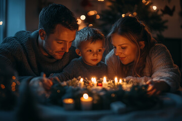 Family lighting candles on Advent wreath, cozy Christmas atmosphere with warm glow, holiday celebration indoors