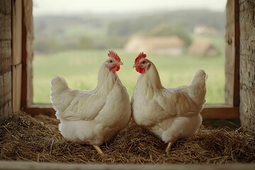 Two white chickens standing together in a rustic farm setting