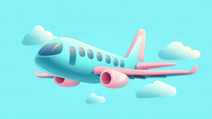 Wall Mural - cute cartoon airplane with light blue body and pink wingtips. it's flying in the sky from the side. 