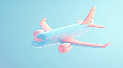 Wall Mural - cute cartoon airplane with light blue body and pink wingtips. it's flying in the sky from the side. 