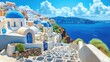 © Suphot - A stunning view of Santorini featuring white buildings, blue domes, and a vibrant sea under a sky filled with clouds.