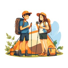 Wall Mural - Happy Couple Camping In Nature With Backpacks.