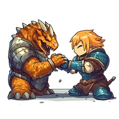 Canvas Print - A Friendly Handshake Between a Dragon and a Knight.