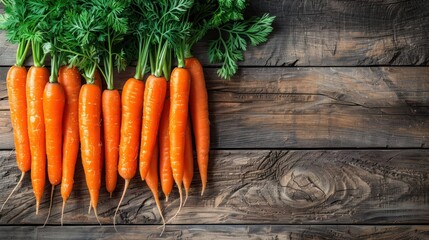 Wall Mural - Freshly harvested carrots arranged neatly on rustic wooden table with vibrant green tops. Generative AI