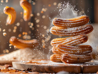 Close up food photography of churros with spices flying in the air