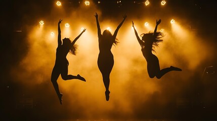 Wall Mural - silhouettes of three female dancers leaping in the air under golden stage lights during a performance. 