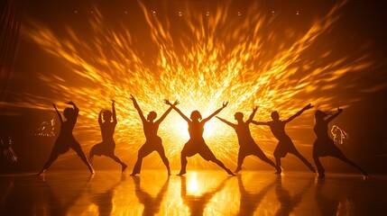 Wall Mural - A group of dancers perform in silhouette against a backdrop of bright golden light emanating from the stage. 