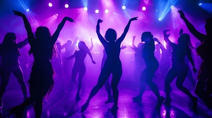 Wall Mural - Silhouetted dancers move energetically in a club, illuminated by dramatic purple and blue lights, creating an electrifying atmosphere.